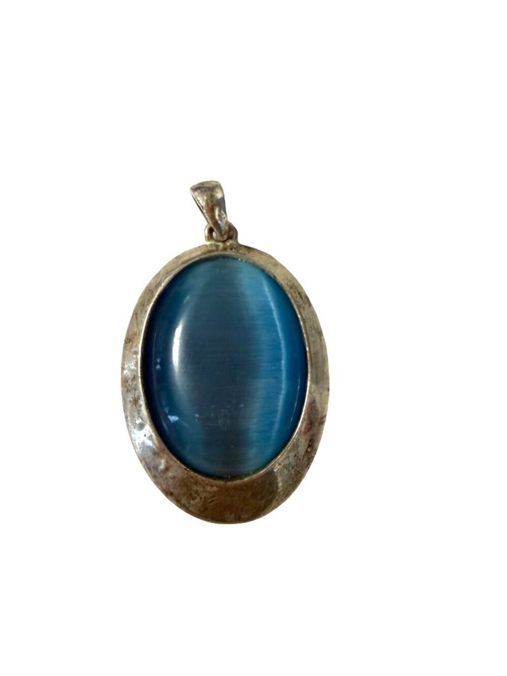 Vintage Blue Cat Eye Fiber Optic Glass Oval Pendant Silver Tone